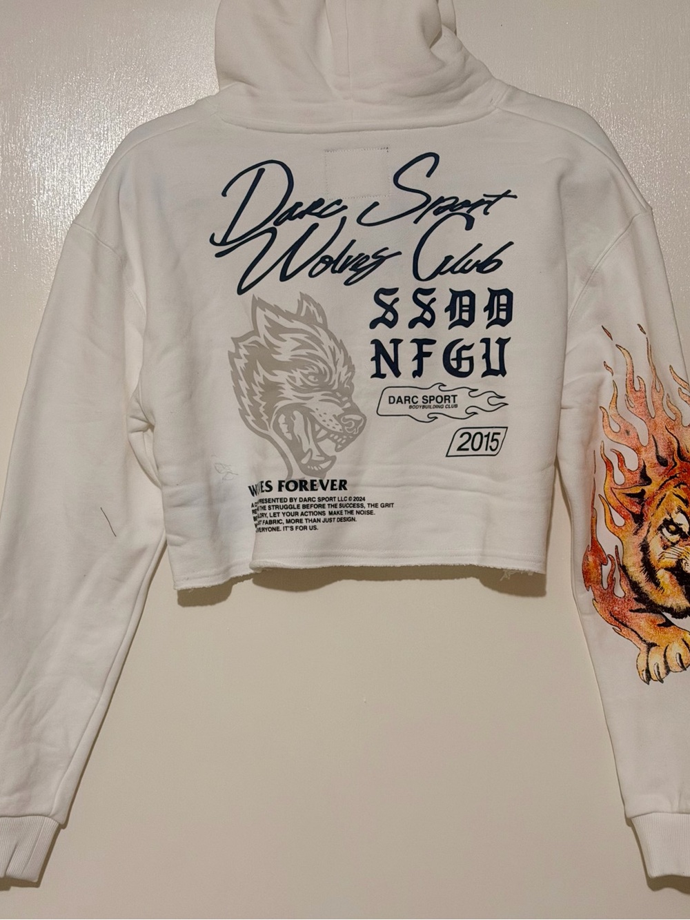Darc Sport White Cropped Hoodie with Navy Wolf and Fiery Sleeve